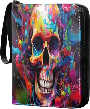 Colorful Skull Card Binder 4-Pocket Leather Cover 400 Pockets Card Album Holder Removable Display Storage for Trading Cards, Game Cards, Collectibles