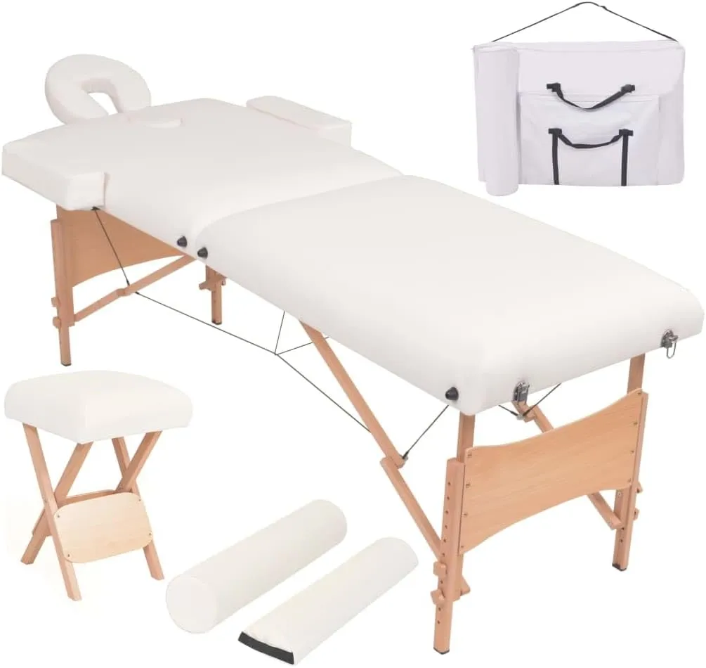 Comfortable and Portable 2-Zone Folding Massage Table and Stool Set, Adjustable Height, White Faux Leather, Carrying Bag Included