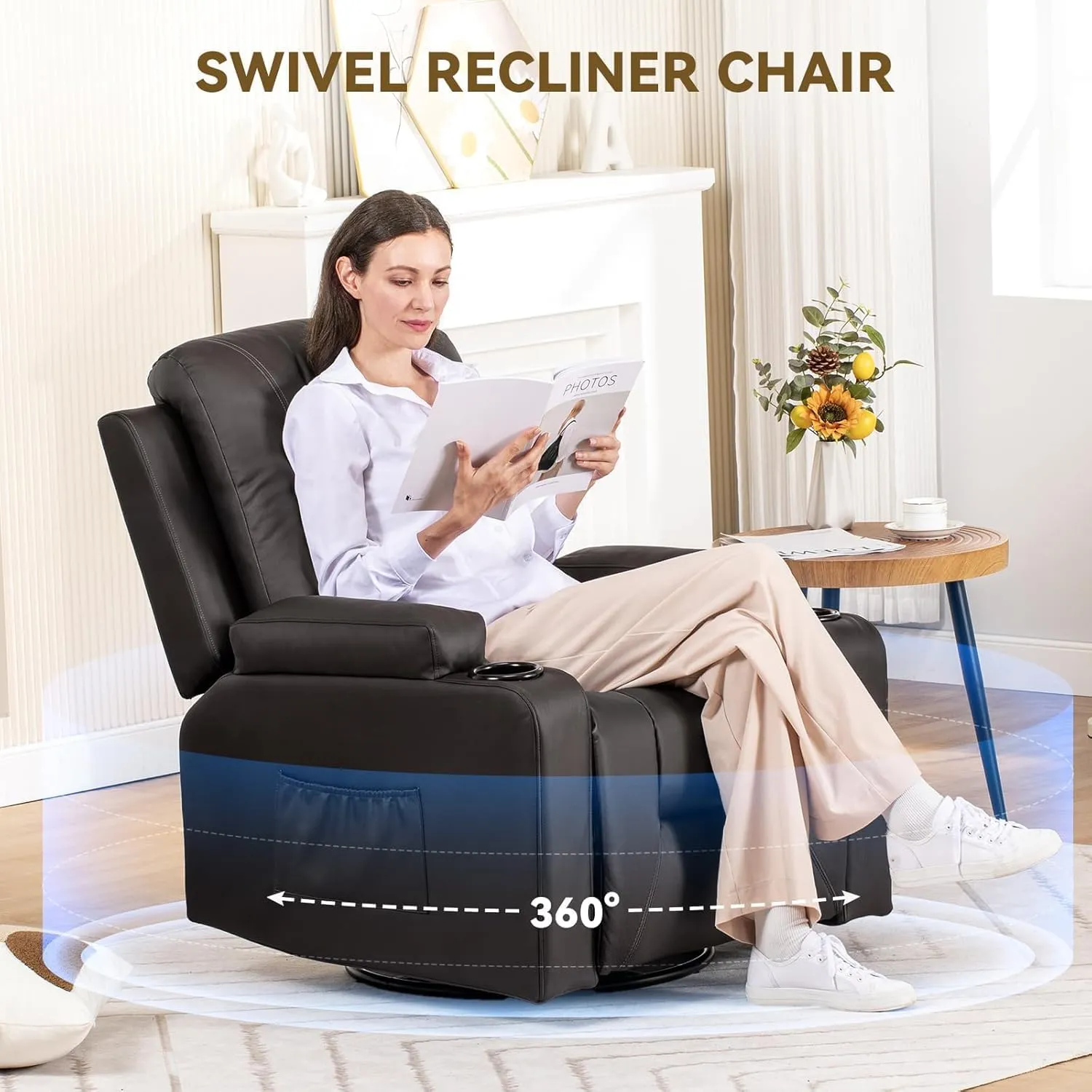 COMHOMA Recliner Chair, Swivel Rocker Recliners, Massage and Heat Reclining Chair, Reclining Sofa with Side Pockets, Cup Holders for Living Room, Bedroom (Brown)