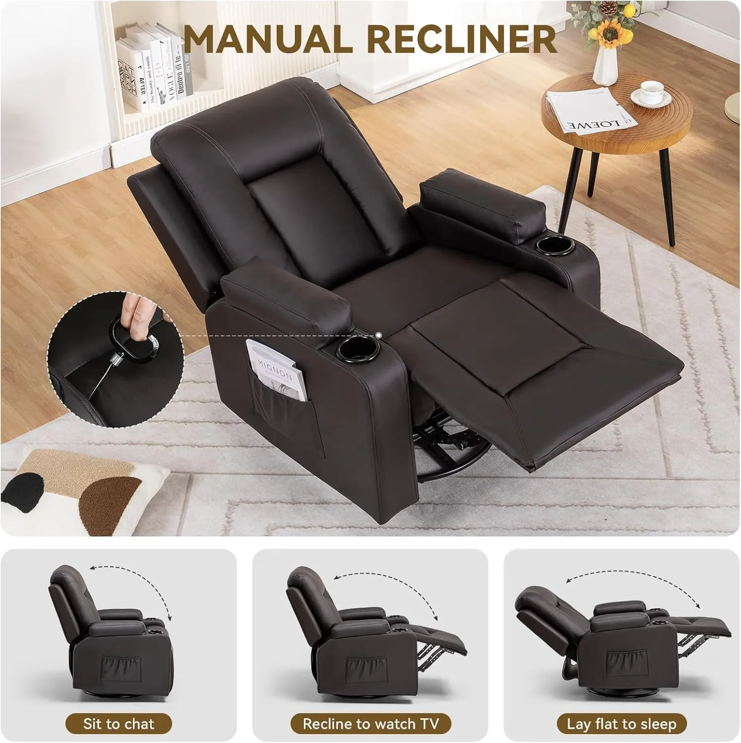 COMHOMA Recliner Chair, Swivel Rocker Recliners, Massage and Heat Reclining Chair, Reclining Sofa with Side Pockets, Cup Holders for Living Room, Bedroom (Brown)