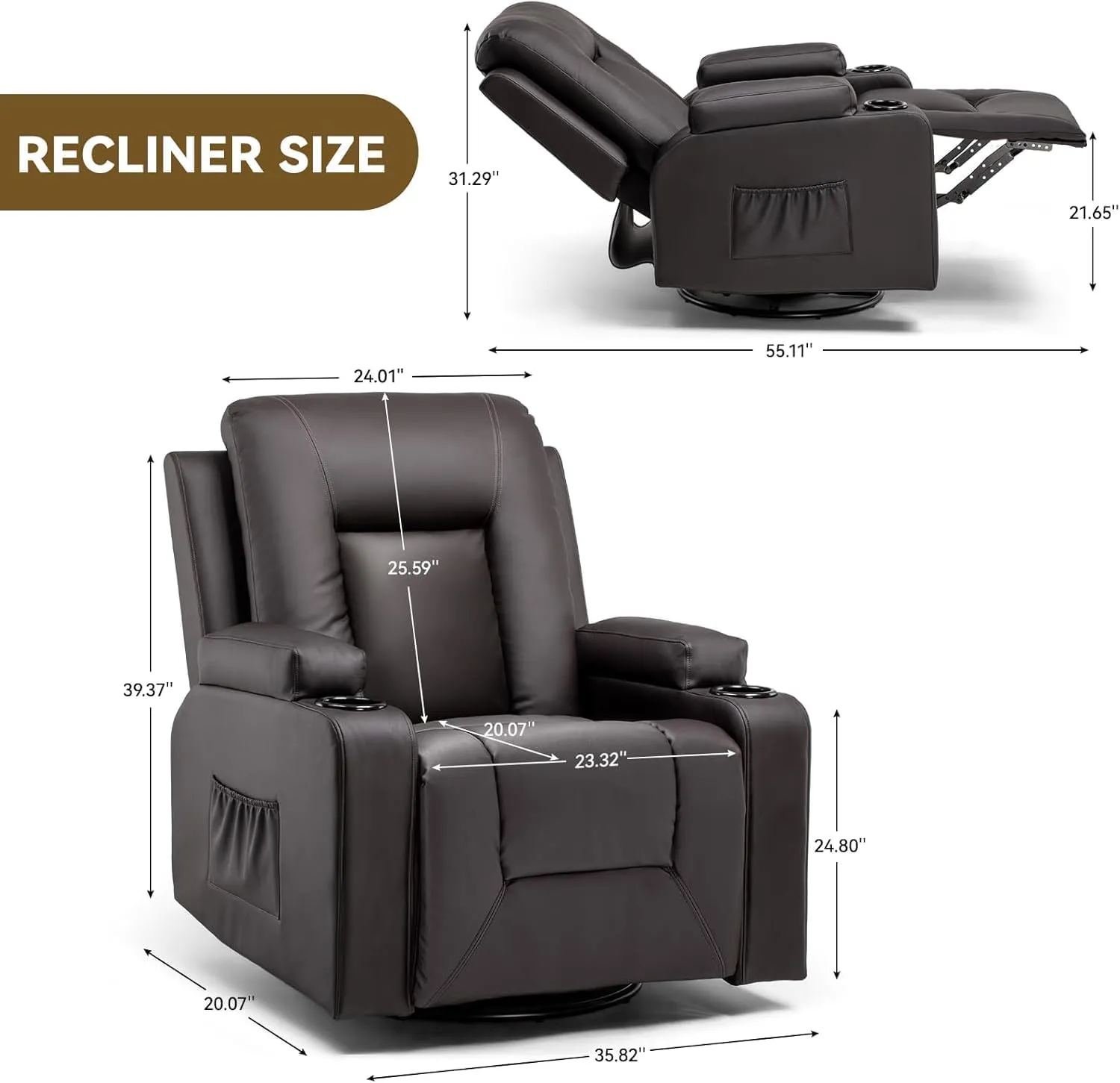 COMHOMA Recliner Chair, Swivel Rocker Recliners, Massage and Heat Reclining Chair, Reclining Sofa with Side Pockets, Cup Holders for Living Room, Bedroom (Brown)