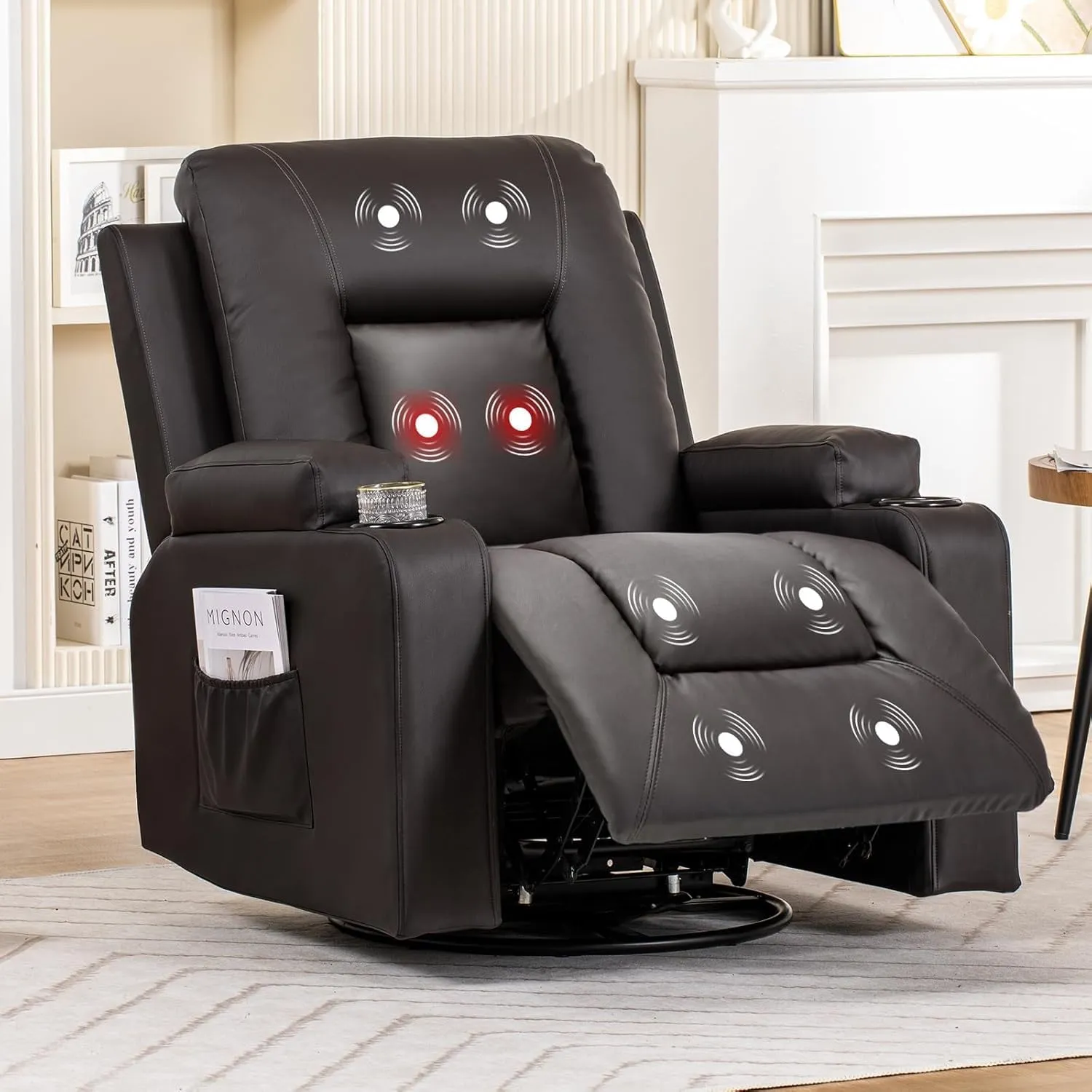 COMHOMA Recliner Chair, Swivel Rocker Recliners, Massage and Heat Reclining Chair, Reclining Sofa with Side Pockets, Cup Holders for Living Room, Bedroom (Brown)