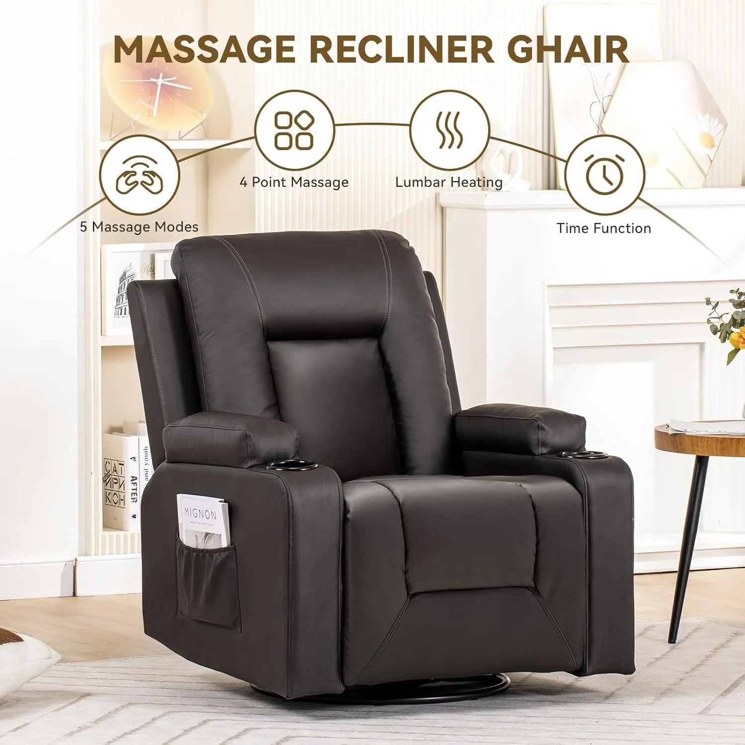 COMHOMA Recliner Chair, Swivel Rocker Recliners, Massage and Heat Reclining Chair, Reclining Sofa with Side Pockets, Cup Holders for Living Room, Bedroom (Brown)