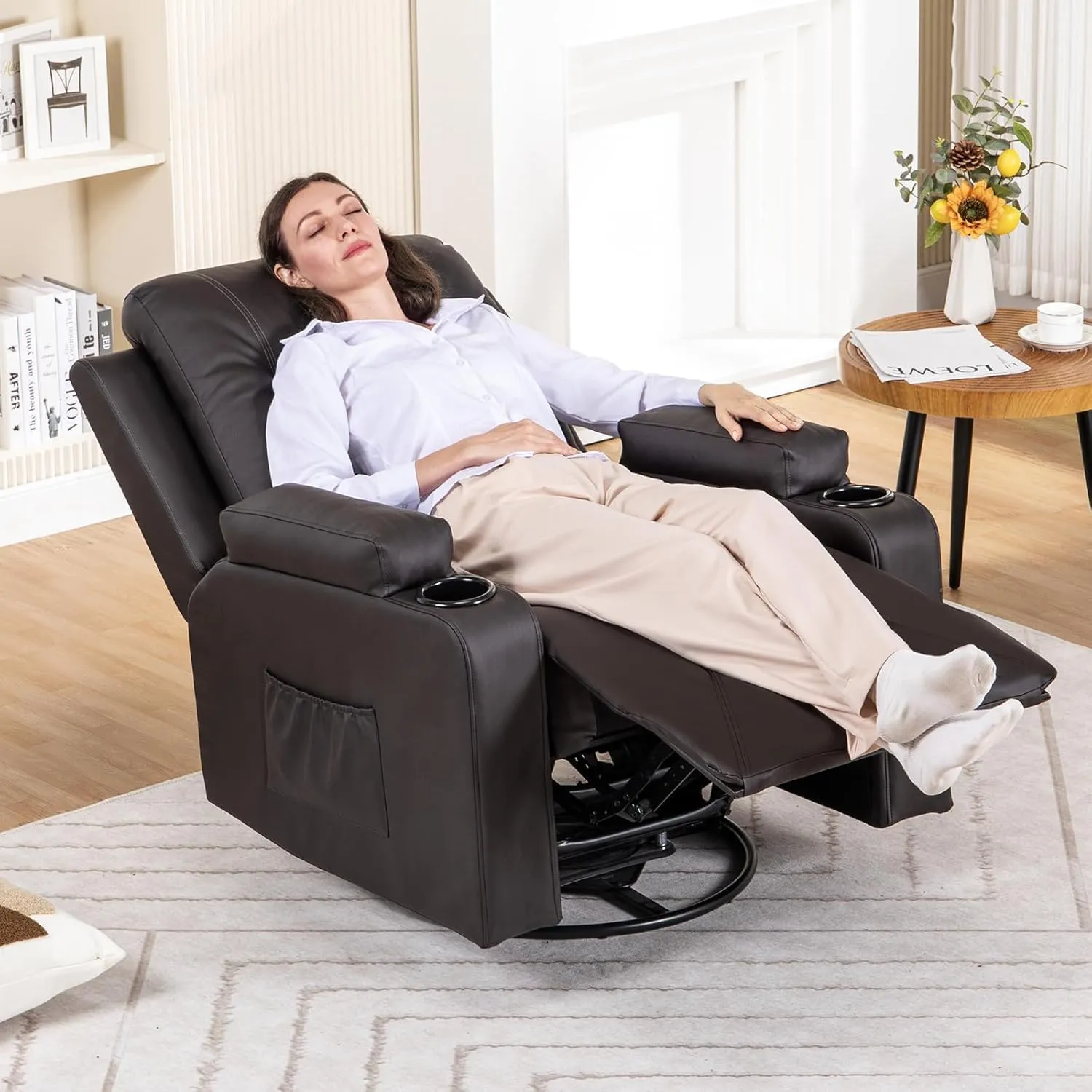COMHOMA Recliner Chair, Swivel Rocker Recliners, Massage and Heat Reclining Chair, Reclining Sofa with Side Pockets, Cup Holders for Living Room, Bedroom (Brown)