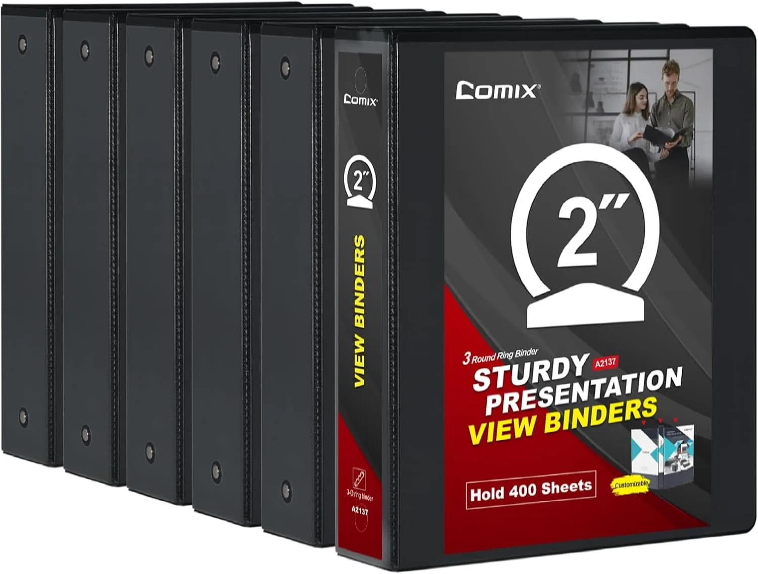 Comix Sturdy 2 inch Round Ring View Binder, 3 Ring Binder 2", 450-Sheet Capacity, Fits 8.5" x 11" Letter Size Paper 6-Pack (Black)