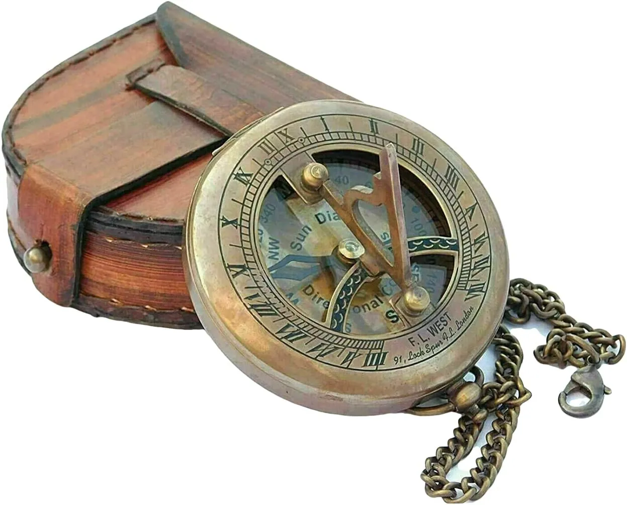 Compass Antique Pocket Locket Nautical Sundial Compass Brass & Chain with Leather Case Adventure Hiking Survival Tool Antique Collectible Compass Gift by THEMEDIEVALMARTCITY