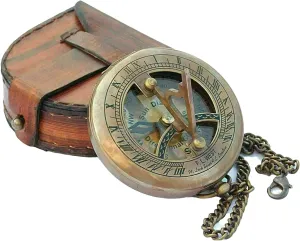 Compass Antique Pocket Locket Nautical Sundial Compass Brass & Chain with Leather Case Adventure Hiking Survival Tool Antique Collectible Compass Gift by THEMEDIEVALMARTCITY