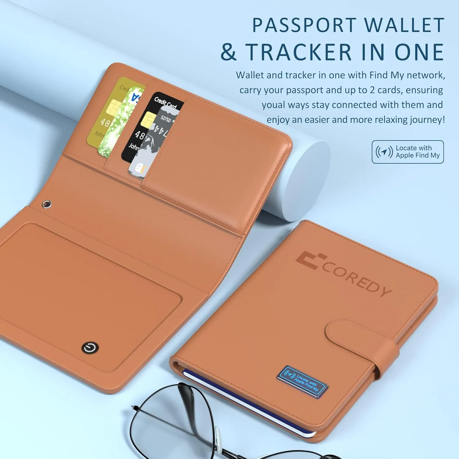Coredy Passport Holder with Bluetooth Tracker, Works with Apple Find My (iOS Only), Worldwide Locate Passport Cover, Sound & LED Lights Indicator, 3-Year Long Battery Life, Travel Essentials