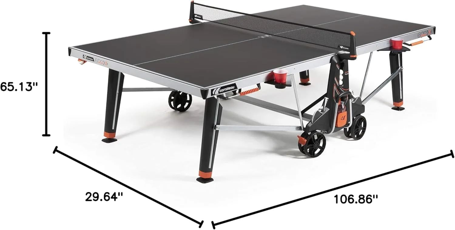 CORNILLEAU - 600X Outdoor Table Tennis Table - Folding & Compact - Weather and Schockproof - 7mm Laminate Top - Cup Holder - Point Counters - Ball Storage & Dispensers - Blue or Black
