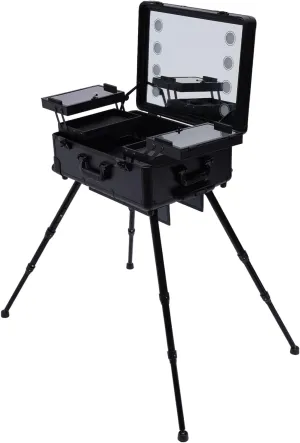 Cosmetic Train Cases Portable Makeup Case Salon Cosmetic Organizer w/Drawbar 4 Rolling Wheels &Mirror Makeup Train Case Professional Artist Trolley Studio Free Standing Case (black)