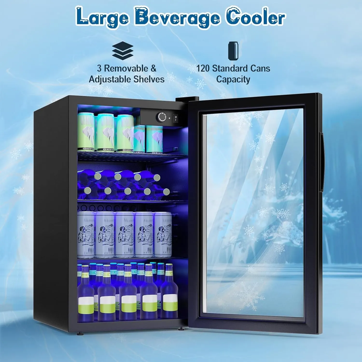 COSTWAY 120 Can Mini Beverage Fridge, Freestanding Beverage Refrigerator Cooler with Glass door, Removable Shelves for Soda Beer Wine, Small Drink Bar Fridge for Home Living Bedroom, 3.2 Cu.Ft