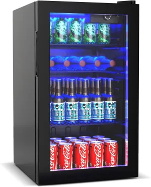COSTWAY 120 Can Mini Beverage Fridge, Freestanding Beverage Refrigerator Cooler with Glass door, Removable Shelves for Soda Beer Wine, Small Drink Bar Fridge for Home Living Bedroom, 3.2 Cu.Ft