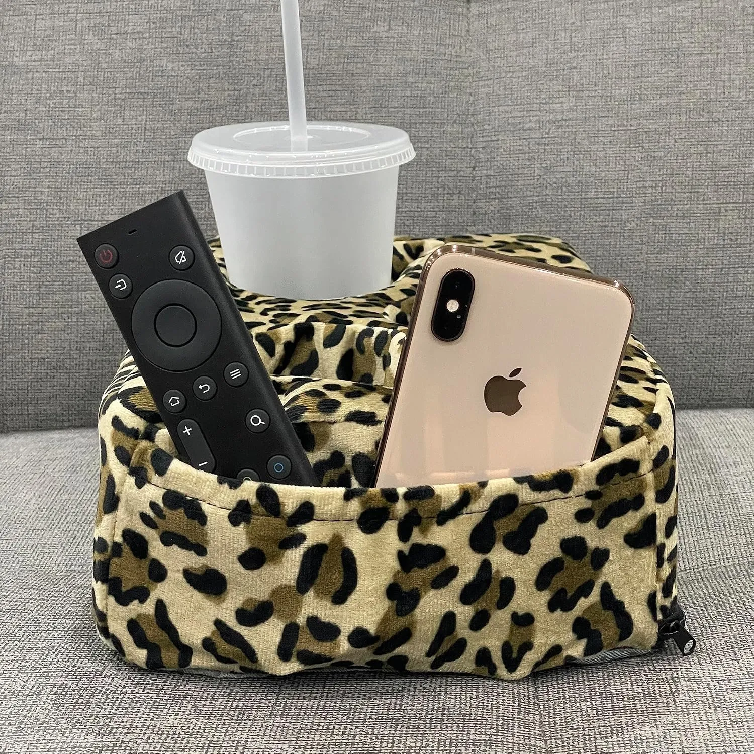 Couch Cup Holder Pillow, Couch Drinks Remotes Holder for Center of Couch, for Sofa, Bed, RV, Car (Leopard)