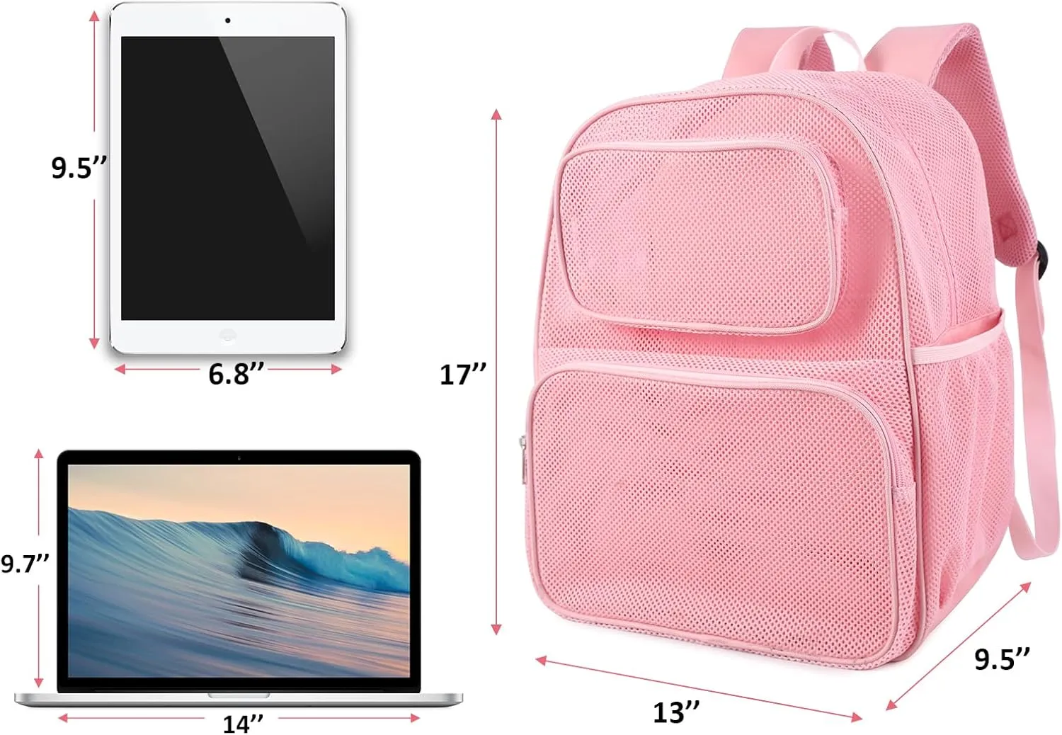 COVAX Mesh Backpack, See Through Mesh Backpack with Bungee and Comfort Padded Straps for Travel, Swimming, Beach, Outdoor Sports (Pink)