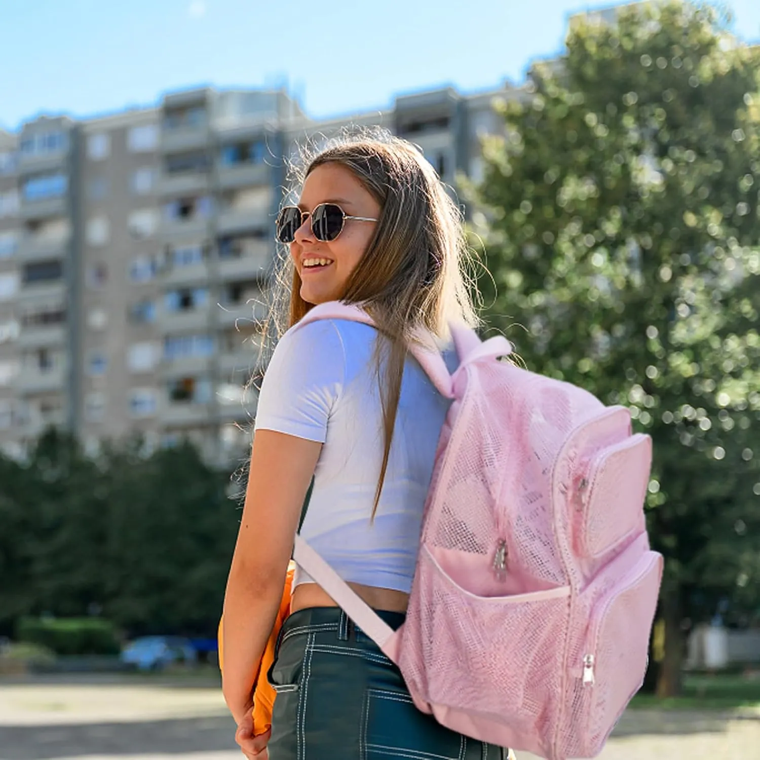 COVAX Mesh Backpack, See Through Mesh Backpack with Bungee and Comfort Padded Straps for Travel, Swimming, Beach, Outdoor Sports (Pink)