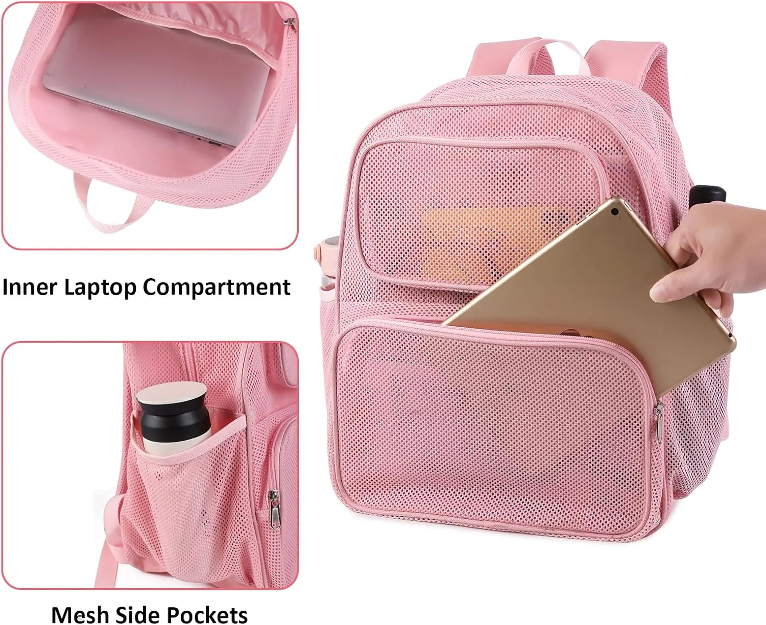 COVAX Mesh Backpack, See Through Mesh Backpack with Bungee and Comfort Padded Straps for Travel, Swimming, Beach, Outdoor Sports (Pink)