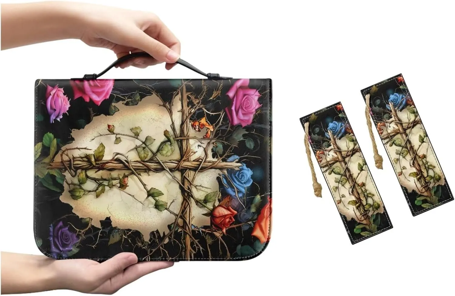 Cross Branch Rose Bible Covers with Bookmark Bible Carrying Case Bible Holder Bag PU Leather Bible Cover with Handle Large Capacity Scripture Handbag for Pray