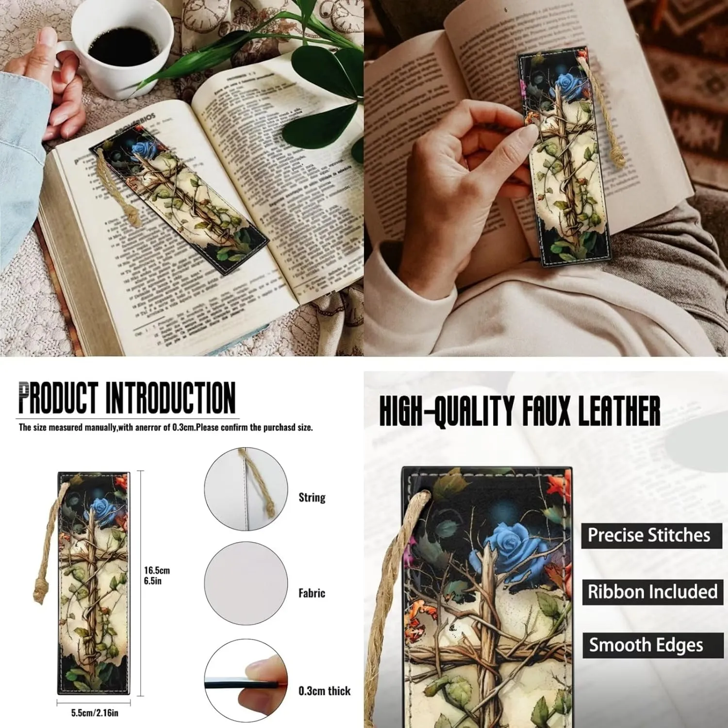 Cross Branch Rose Bible Covers with Bookmark Bible Carrying Case Bible Holder Bag PU Leather Bible Cover with Handle Large Capacity Scripture Handbag for Pray