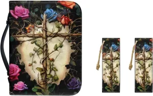 Cross Branch Rose Bible Covers with Bookmark Bible Carrying Case Bible Holder Bag PU Leather Bible Cover with Handle Large Capacity Scripture Handbag for Pray