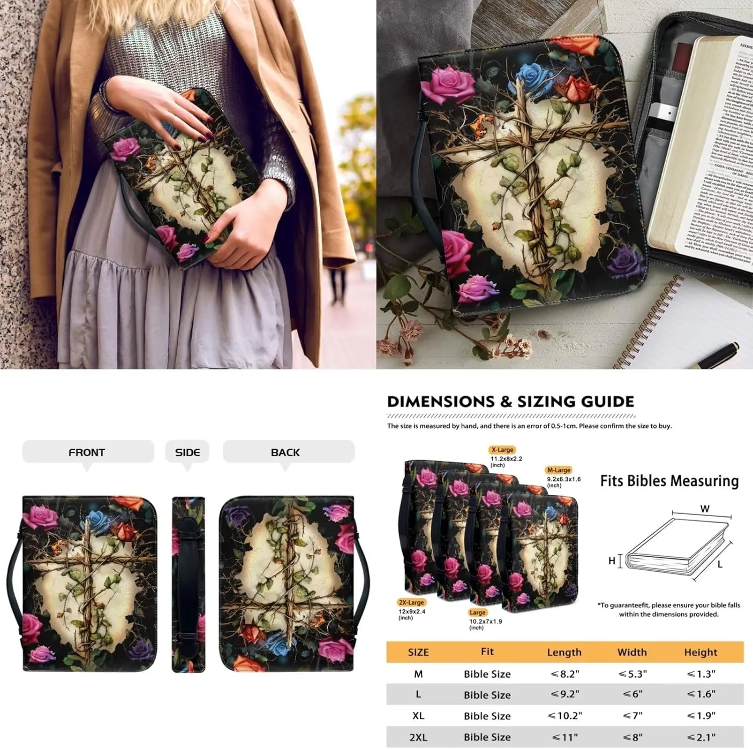 Cross Branch Rose Bible Covers with Bookmark Bible Carrying Case Bible Holder Bag PU Leather Bible Cover with Handle Large Capacity Scripture Handbag for Pray