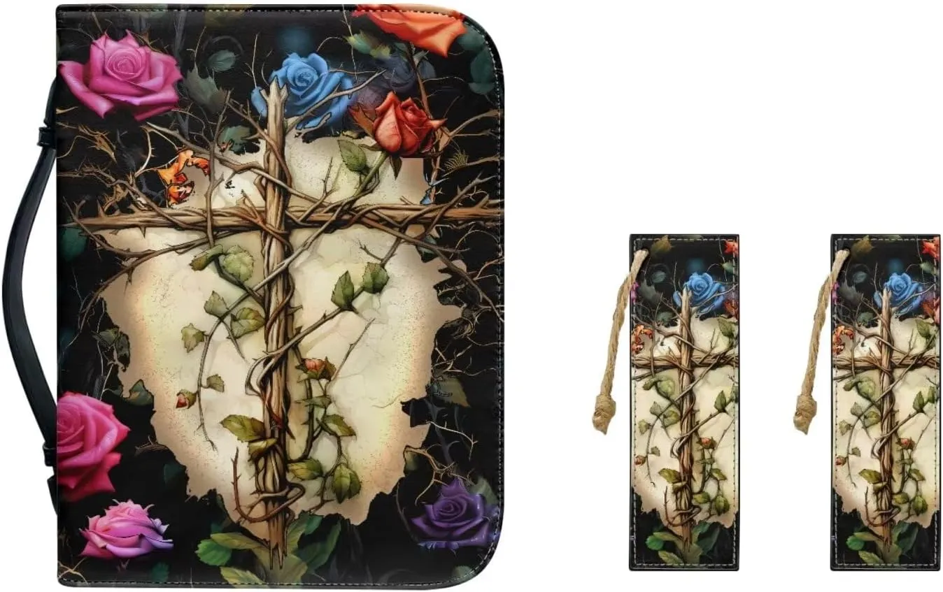 Cross Branch Rose Bible Covers with Bookmark Bible Carrying Case Bible Holder Bag PU Leather Bible Cover with Handle Large Capacity Scripture Handbag for Pray