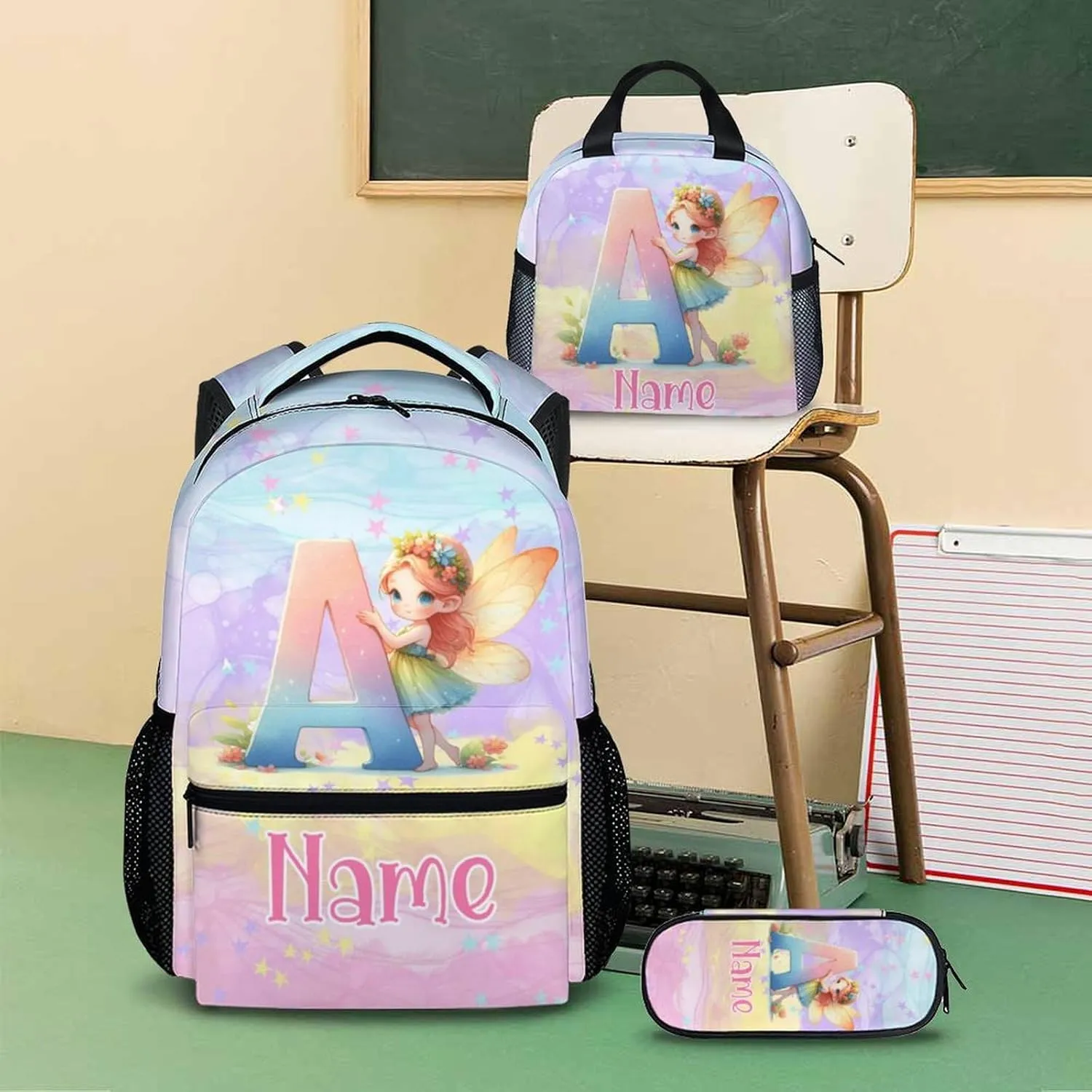 Custom Kids Backpacks, 3 in 1 Fairy School Backpack Set for Girls Students, Personalized Monogram Bookbag with Lunchbag Matching Combo for Preschool Elementary, Back to School Supplies