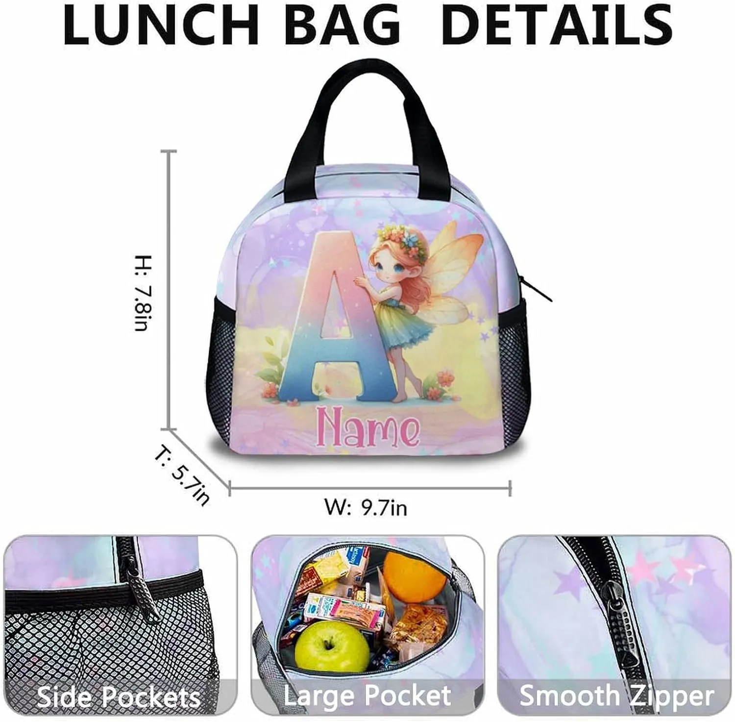 Custom Kids Backpacks, 3 in 1 Fairy School Backpack Set for Girls Students, Personalized Monogram Bookbag with Lunchbag Matching Combo for Preschool Elementary, Back to School Supplies