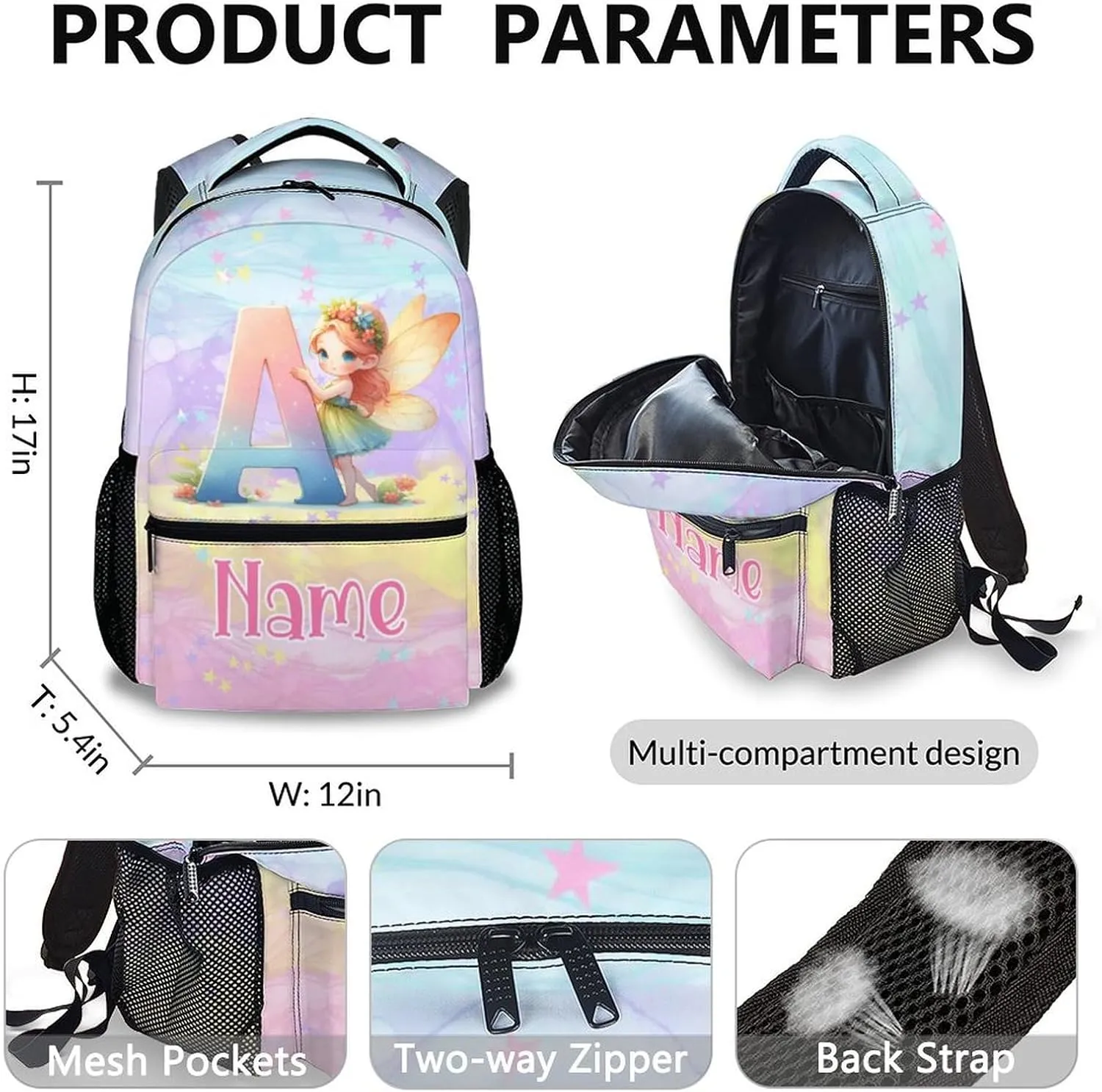 Custom Kids Backpacks, 3 in 1 Fairy School Backpack Set for Girls Students, Personalized Monogram Bookbag with Lunchbag Matching Combo for Preschool Elementary, Back to School Supplies