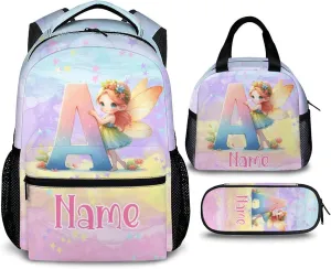 Custom Kids Backpacks, 3 in 1 Fairy School Backpack Set for Girls Students, Personalized Monogram Bookbag with Lunchbag Matching Combo for Preschool Elementary, Back to School Supplies