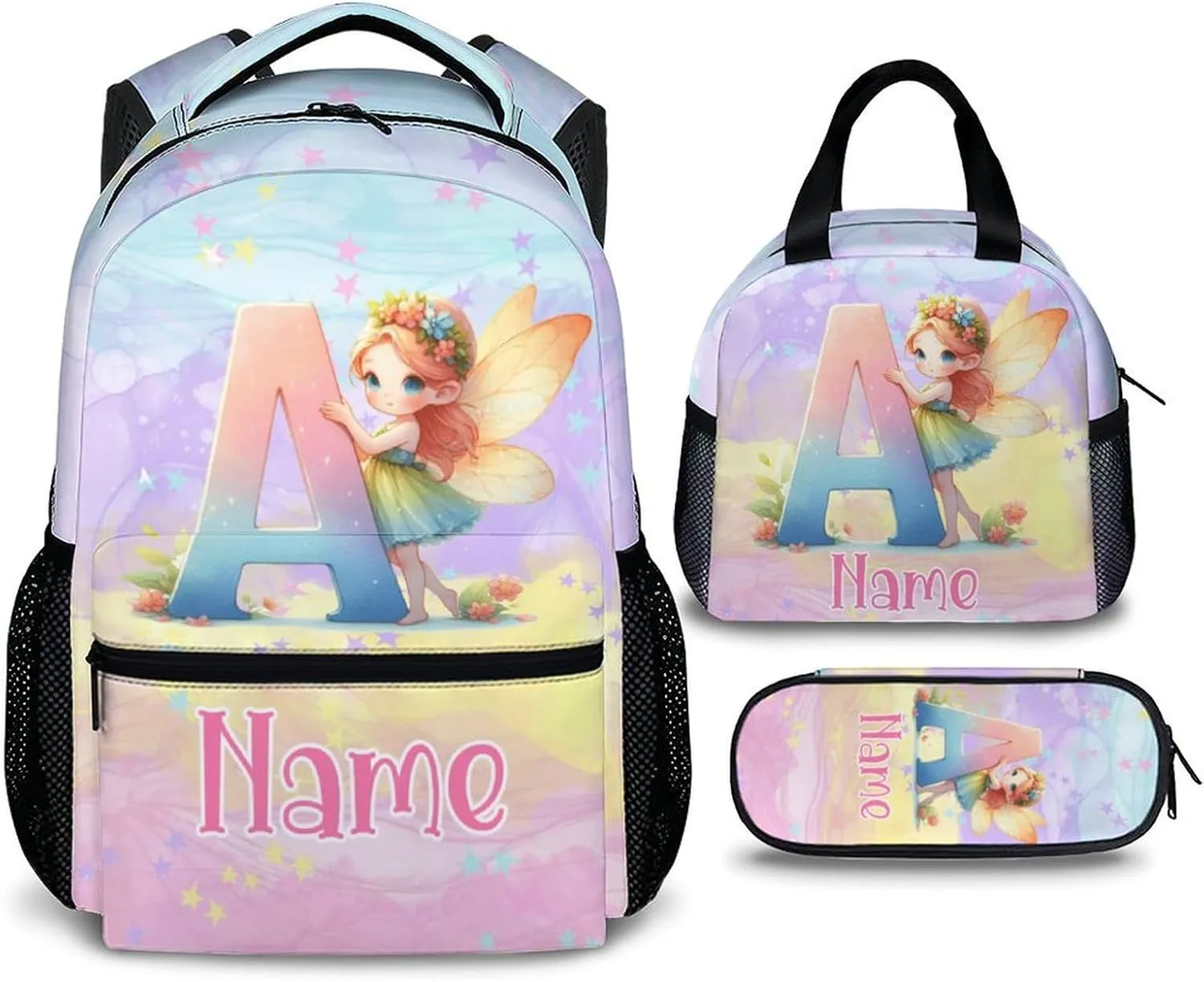 Custom Kids Backpacks, 3 in 1 Fairy School Backpack Set for Girls Students, Personalized Monogram Bookbag with Lunchbag Matching Combo for Preschool Elementary, Back to School Supplies