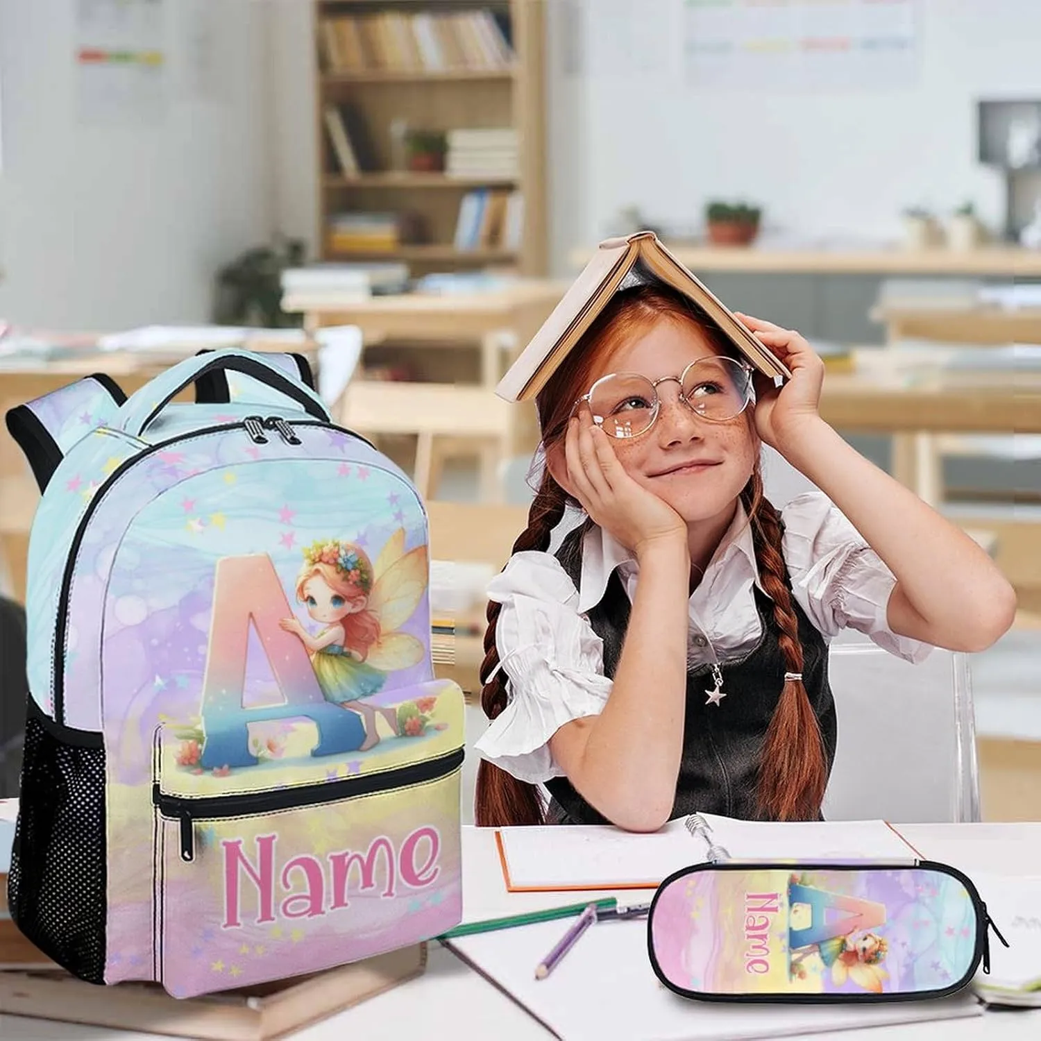 Custom Kids Backpacks, 3 in 1 Fairy School Backpack Set for Girls Students, Personalized Monogram Bookbag with Lunchbag Matching Combo for Preschool Elementary, Back to School Supplies