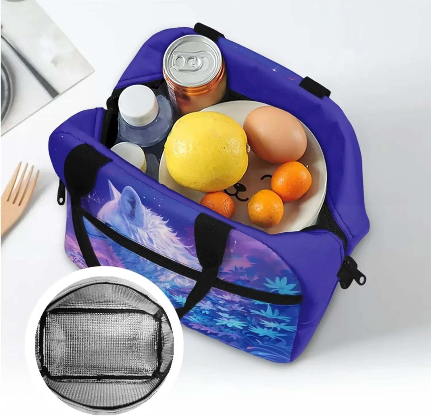 Cute Animal Theme Backpack Purse Wolf Backpack with Lunch Box Pencil Case Water Bottle Sleeve for Girls Cute Floral Book Bag Kids Age 8-10 School Bag Insulated Lunch Tote
