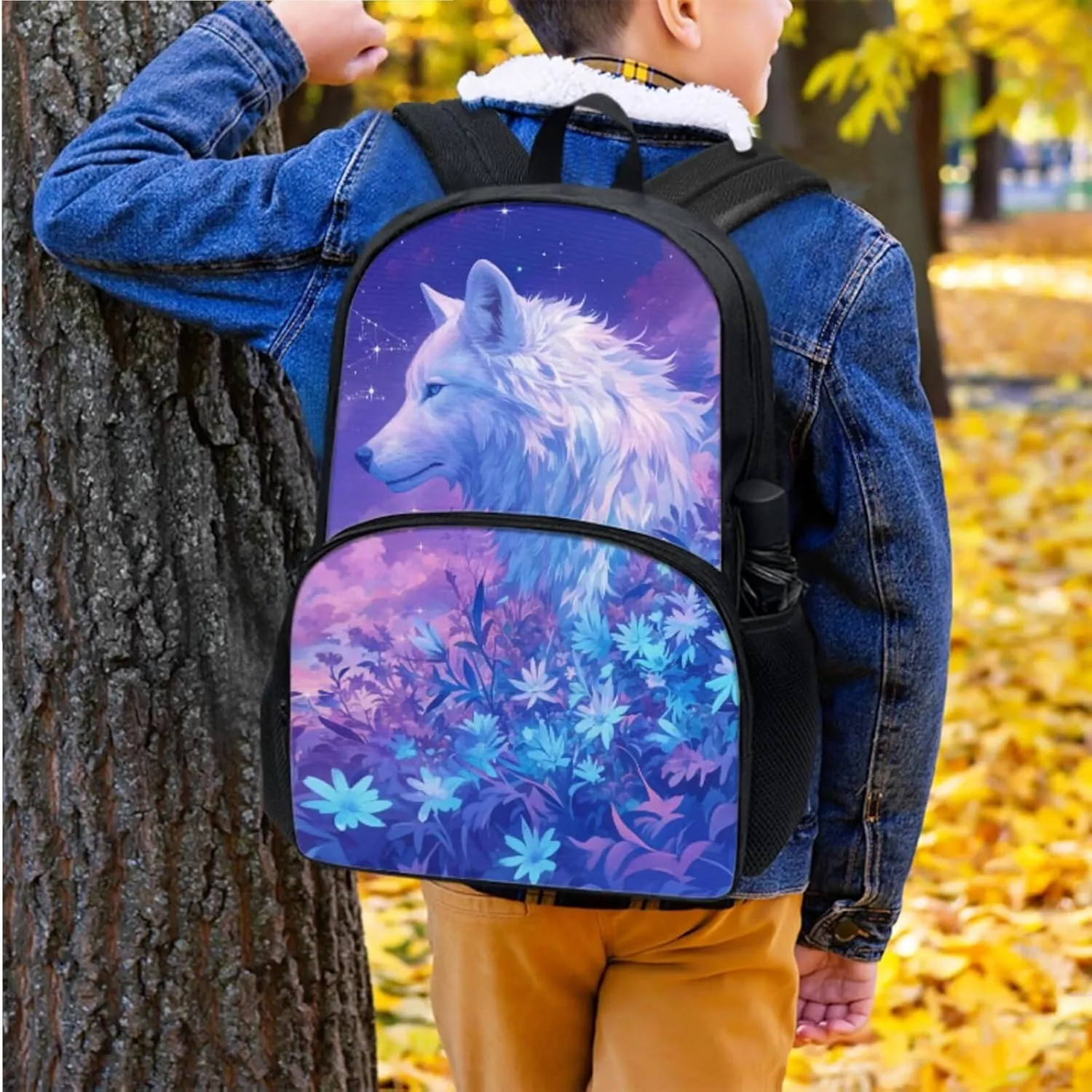 Cute Animal Theme Backpack Purse Wolf Backpack with Lunch Box Pencil Case Water Bottle Sleeve for Girls Cute Floral Book Bag Kids Age 8-10 School Bag Insulated Lunch Tote