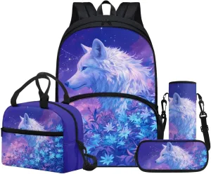 Cute Animal Theme Backpack Purse Wolf Backpack with Lunch Box Pencil Case Water Bottle Sleeve for Girls Cute Floral Book Bag Kids Age 8-10 School Bag Insulated Lunch Tote