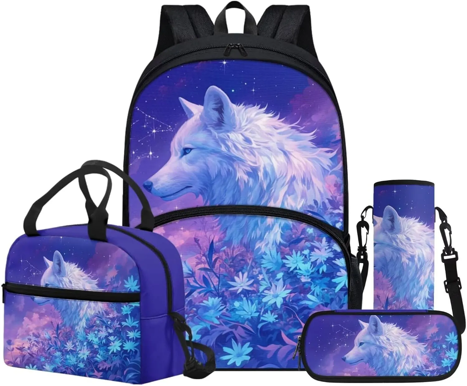 Cute Animal Theme Backpack Purse Wolf Backpack with Lunch Box Pencil Case Water Bottle Sleeve for Girls Cute Floral Book Bag Kids Age 8-10 School Bag Insulated Lunch Tote