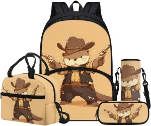 Cute Otter Print Backpack, Cowboy Theme Backpack with Lunch Box Pencil Case Bottle Sleeve for Girls Boys 8-12 Kids School Book Bag 4 in 1 Teens Camping Picnic Insulated Lunch Tote