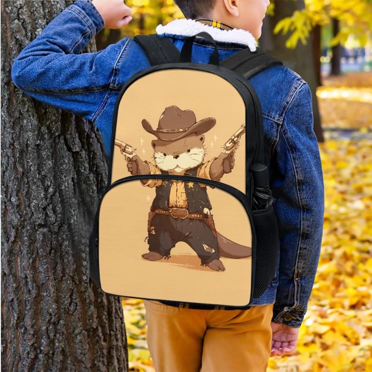 Cute Otter Print Backpack, Cowboy Theme Backpack with Lunch Box Pencil Case Bottle Sleeve for Girls Boys 8-12 Kids School Book Bag 4 in 1 Teens Camping Picnic Insulated Lunch Tote