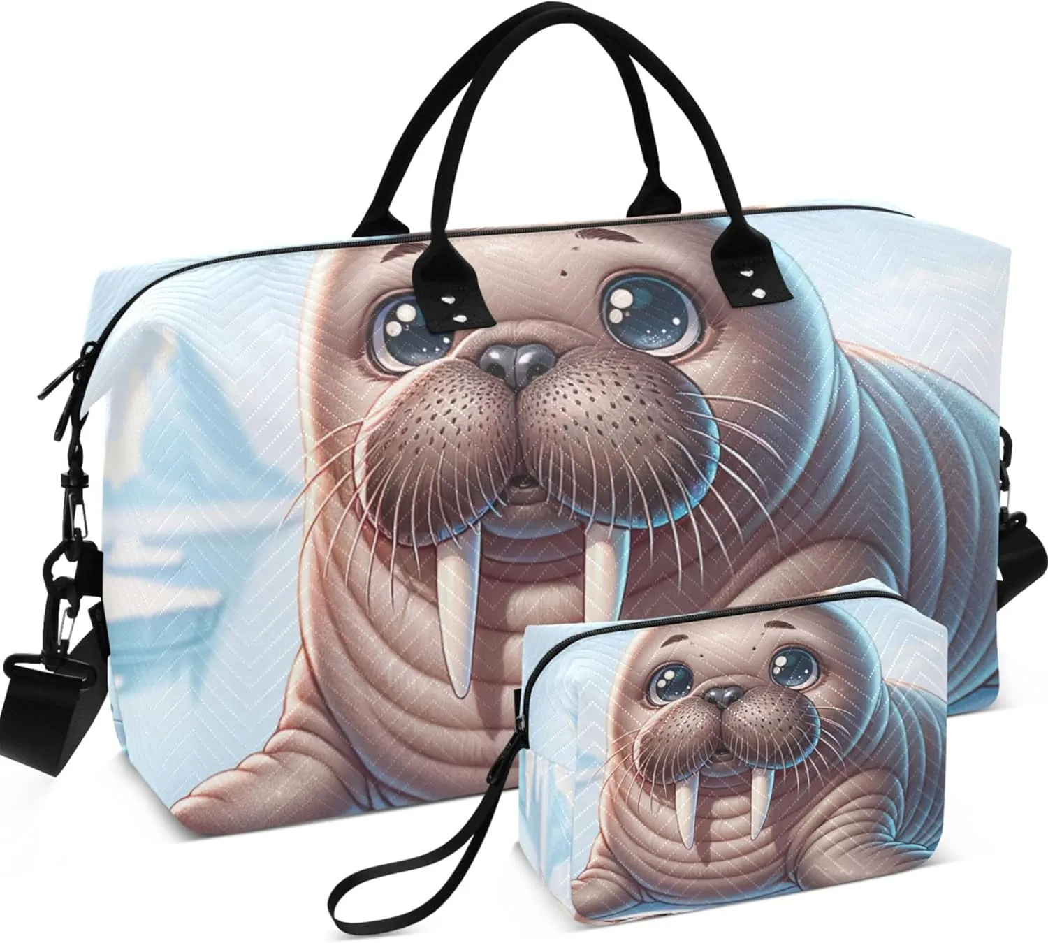 Cute Walrus Animal Print Duffel Bag Womens Makeup Pouch Set of 2, Print Women Sports Dance Bag Overnight Bags