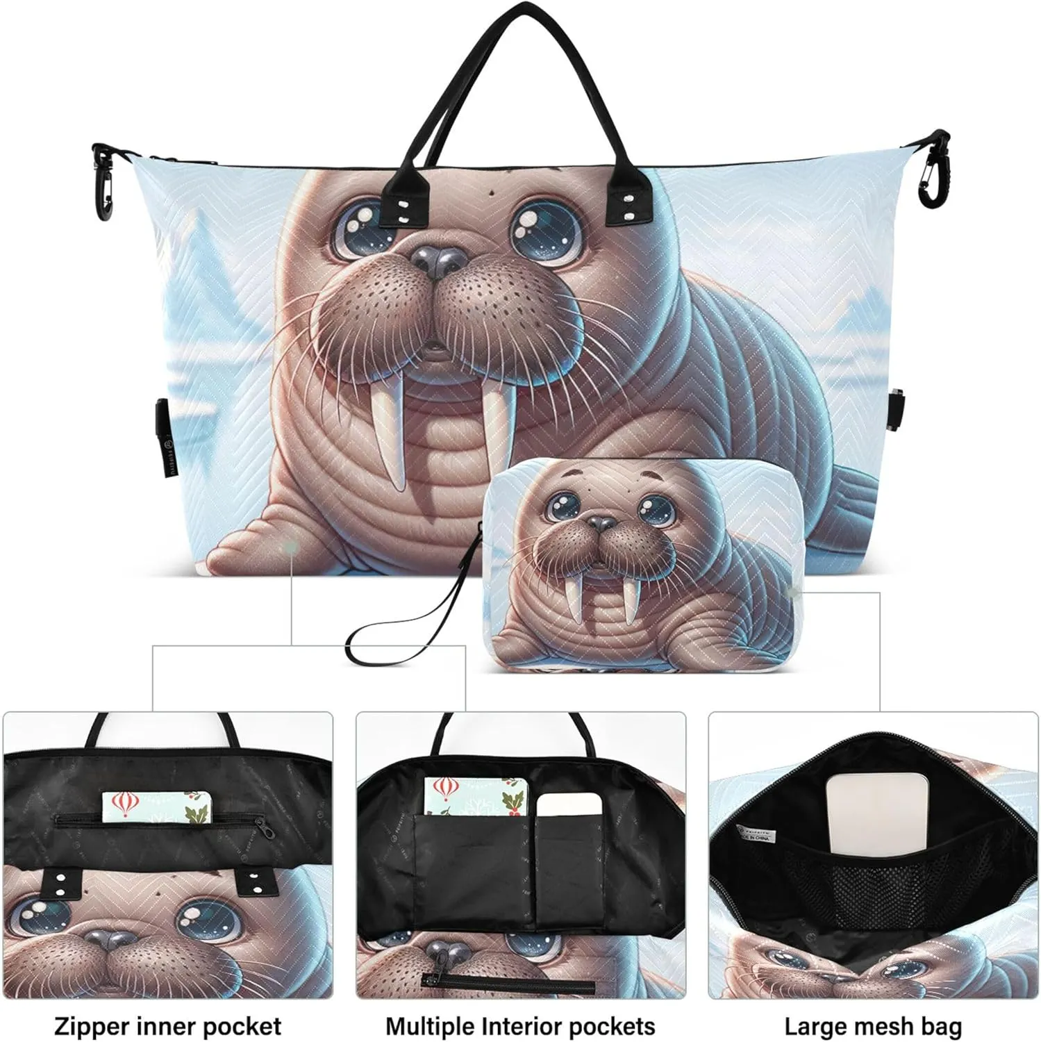 Cute Walrus Animal Print Duffel Bag Womens Makeup Pouch Set of 2, Print Women Sports Dance Bag Overnight Bags