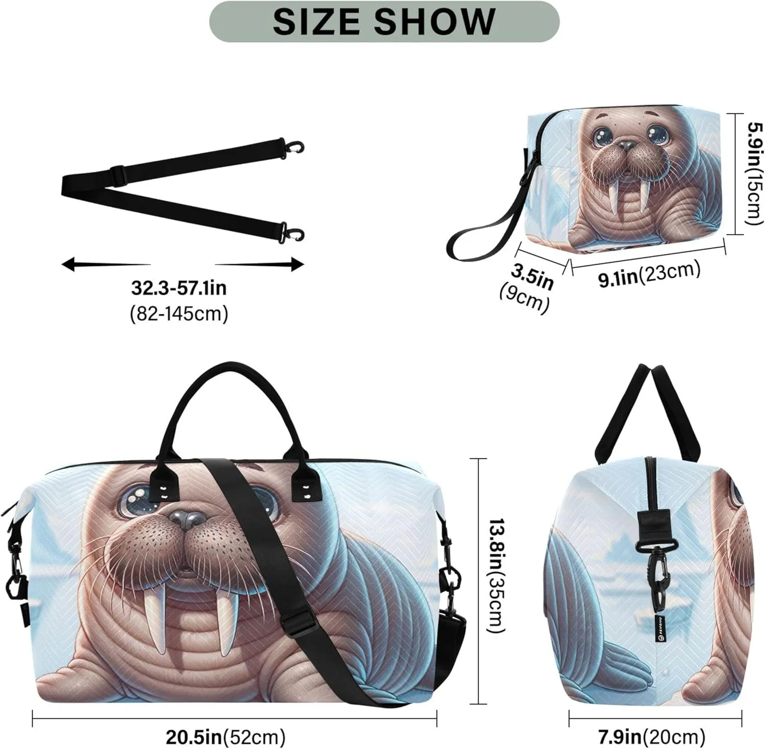 Cute Walrus Animal Print Duffel Bag Womens Makeup Pouch Set of 2, Print Women Sports Dance Bag Overnight Bags