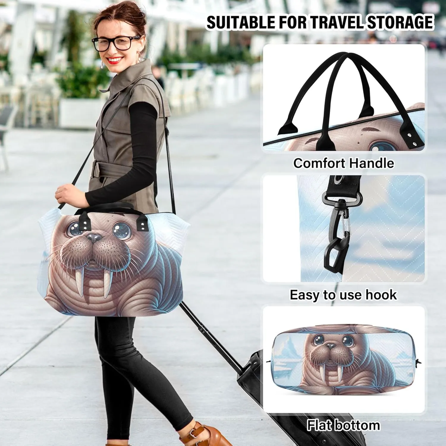 Cute Walrus Animal Print Duffel Bag Womens Makeup Pouch Set of 2, Print Women Sports Dance Bag Overnight Bags