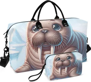 Cute Walrus Animal Print Duffel Bag Womens Makeup Pouch Set of 2, Print Women Sports Dance Bag Overnight Bags
