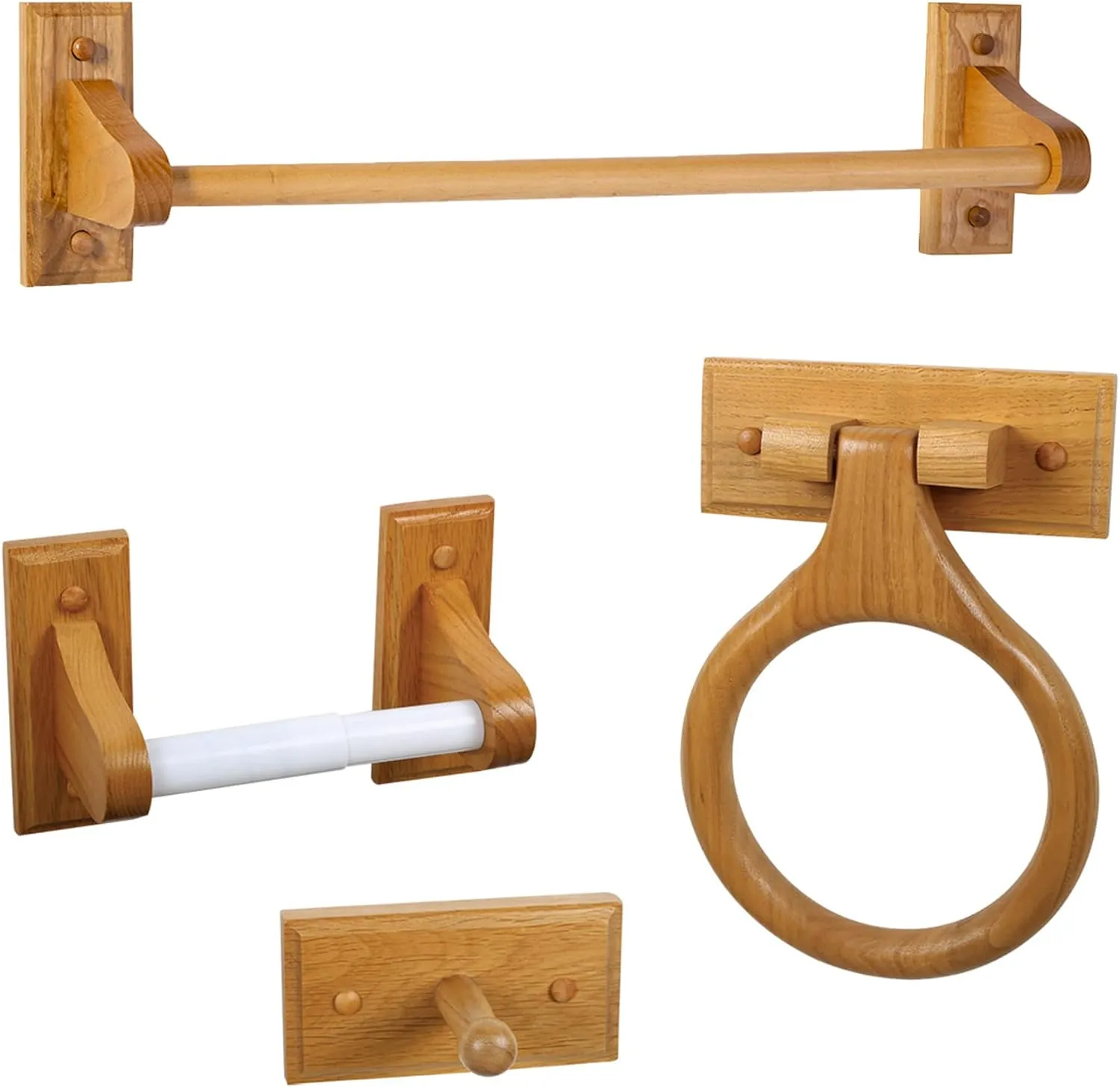 Dalton 4-Piece Bathroom Accessory Set, Honey Oak, Includes Towel Bar, Towel Ring, Toilet Paper Holder, and Robe Hook – Design House, 561258