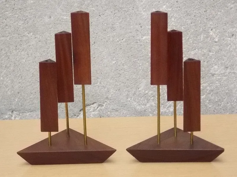 Danish Walnut Triangle 3-Candle Candle Stick Holders