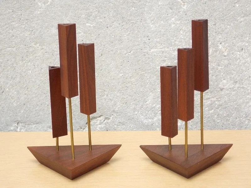 Danish Walnut Triangle 3-Candle Candle Stick Holders