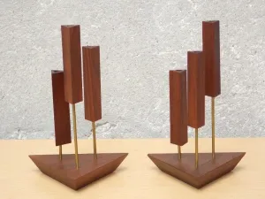 Danish Walnut Triangle 3-Candle Candle Stick Holders