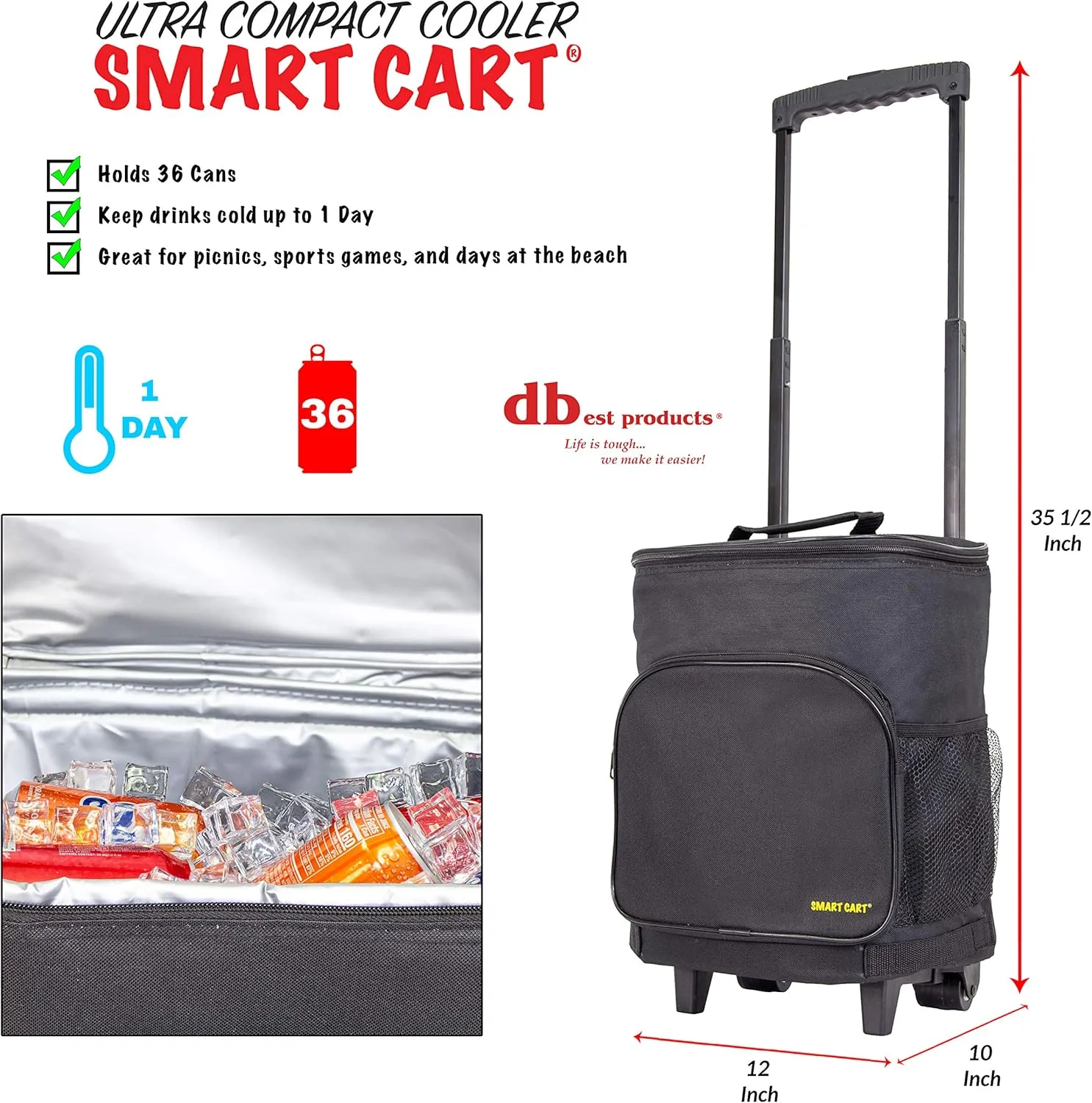 dbest products Ultra Compact Cooler Smart Cart, Black Insulated Collapsible Rolling Tailgate BBQ Beach Summer