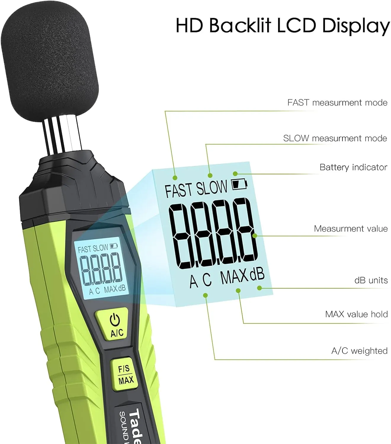 Decibel Meter, Tadeto Digital Sound Level Meter Portable SPL Meter 30dB to 130dB MAX Data Hold with LCD Display Backlight A/C Weighted for Home Factories