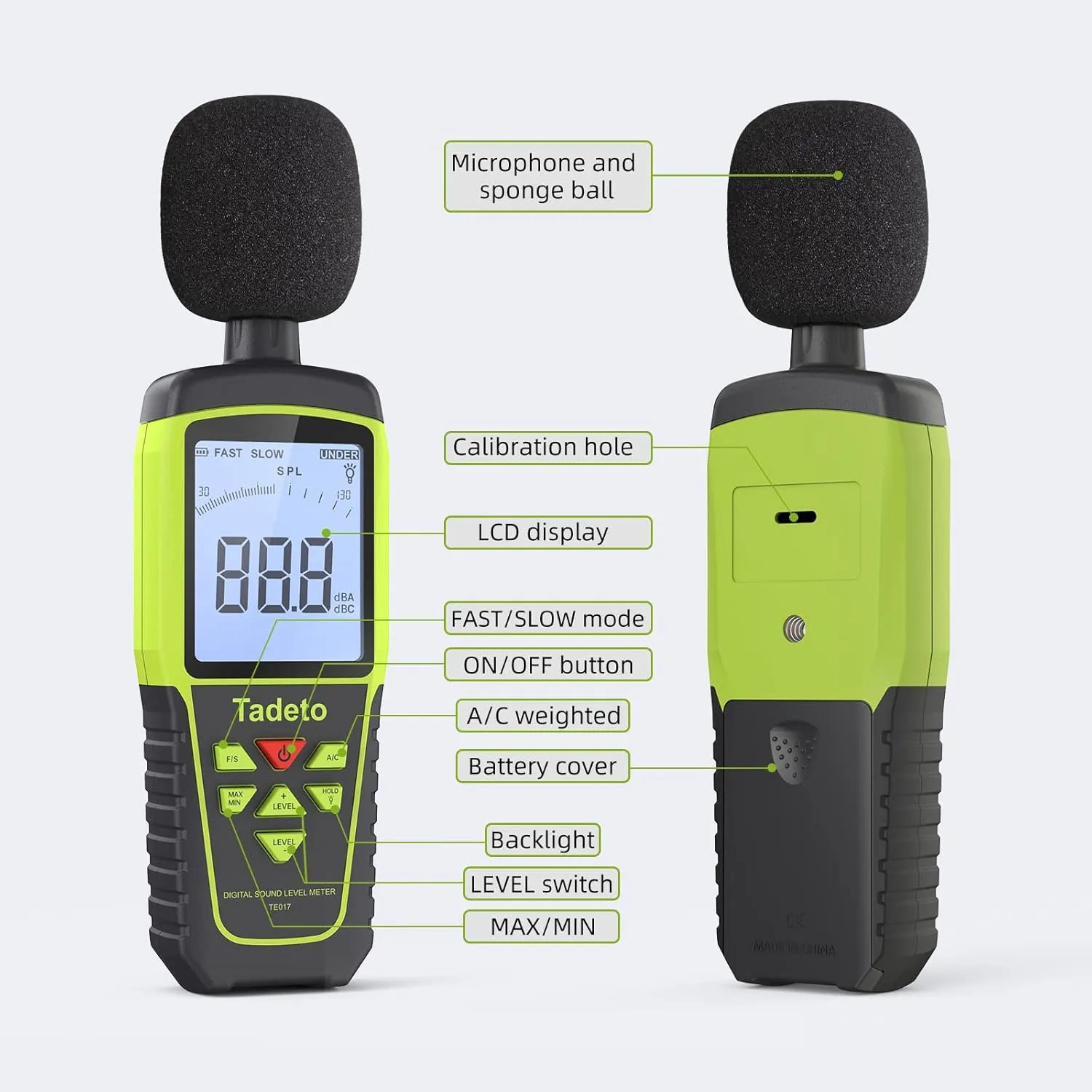 Decibel Meter, Tadeto Digital Sound Level Meter Portable SPL Meter 30dB to 130dB(5 Measurement Range) Backlight LCD Display, MAX/MIN Noise Measurement, Audible and Visual Alarms,Data Hold, A/C Mode
