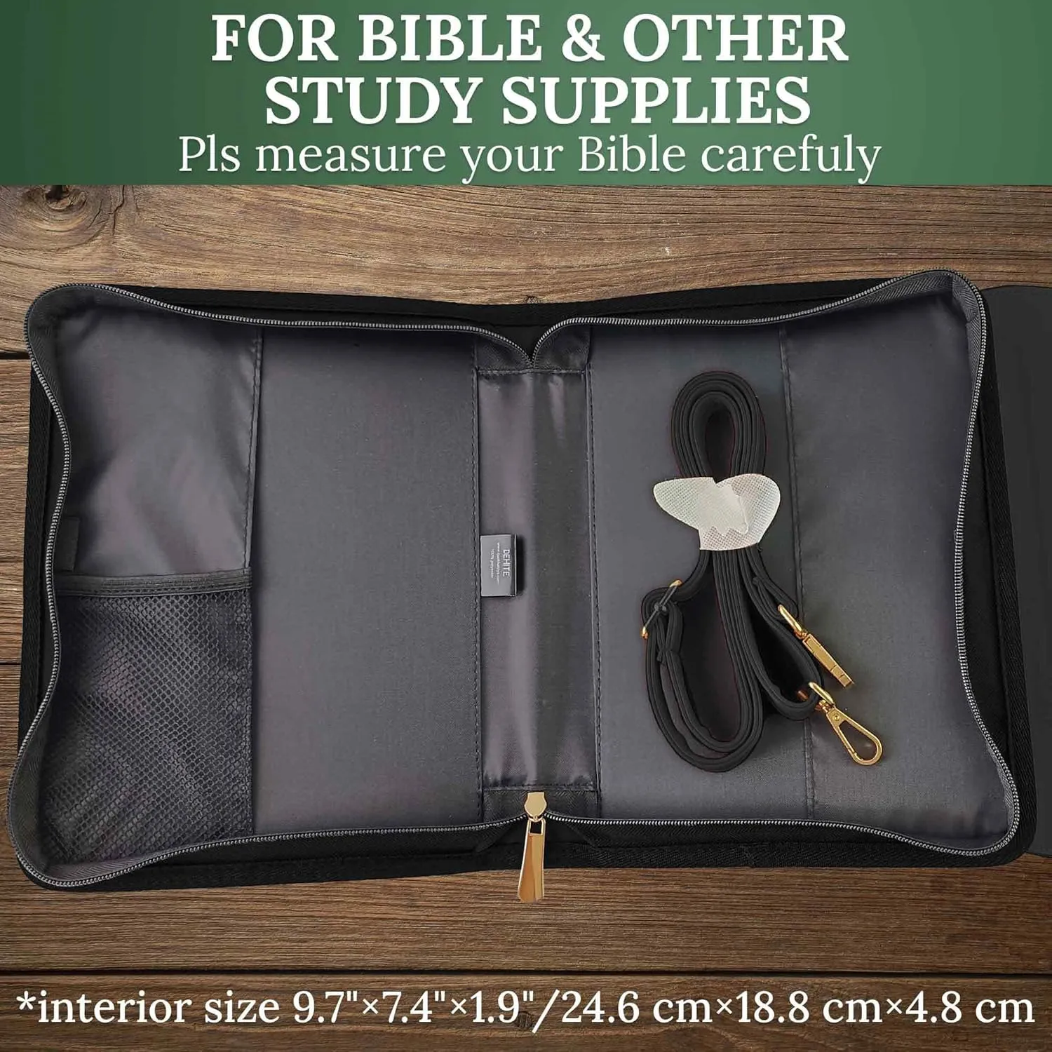 DEHITE Bible Cover Case for Women – Bible Carrying Bag Large Size – Fits Book 9.8 x 7.4 x 1.9 IN – Pen Slots – Zippered Pocket – Shoulder Strap – Premium PU Leather – Black and White Christian Gift